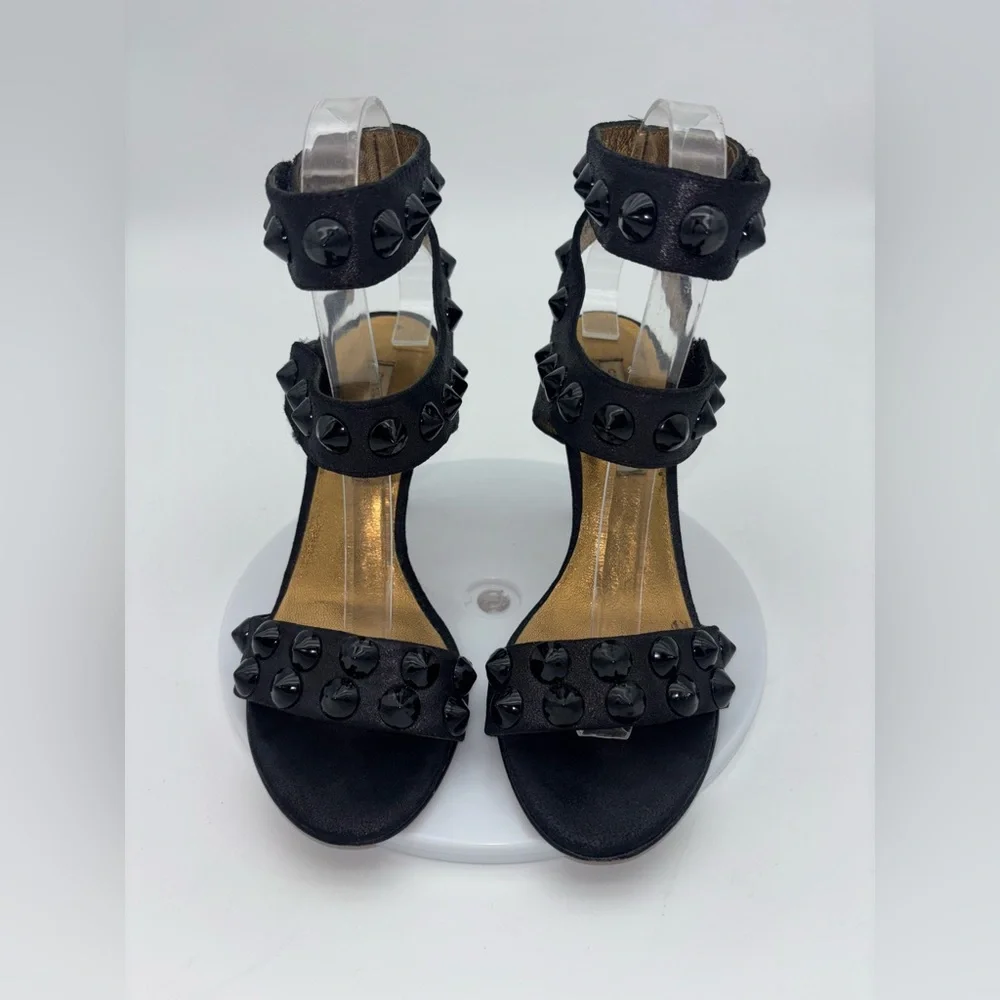 CYNTHIA VINCENT Black Strappy Heel Shoe Studded Hook Loop Sexy Ankle Wedding 6.5